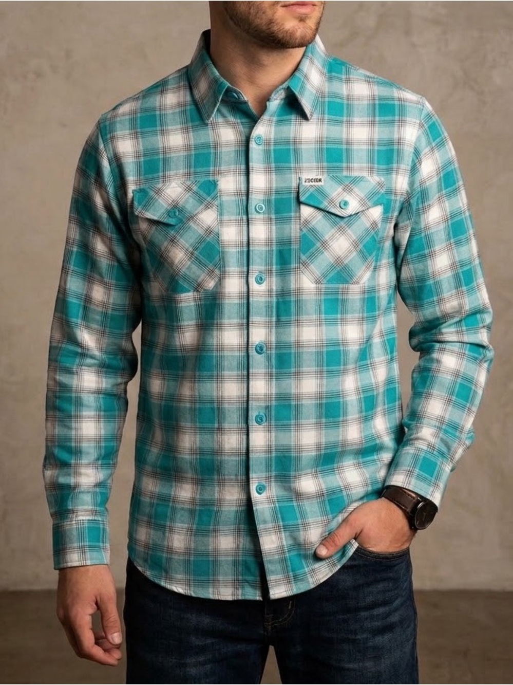 NWOT DIXXON Flannel Company YORK Teal and White Plaid D-Tech Shirt M